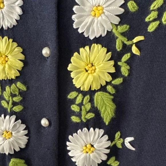 Brooks Brothers Navy Cardigan with Floral Embroidery,sz L. - Picture 2 of 6